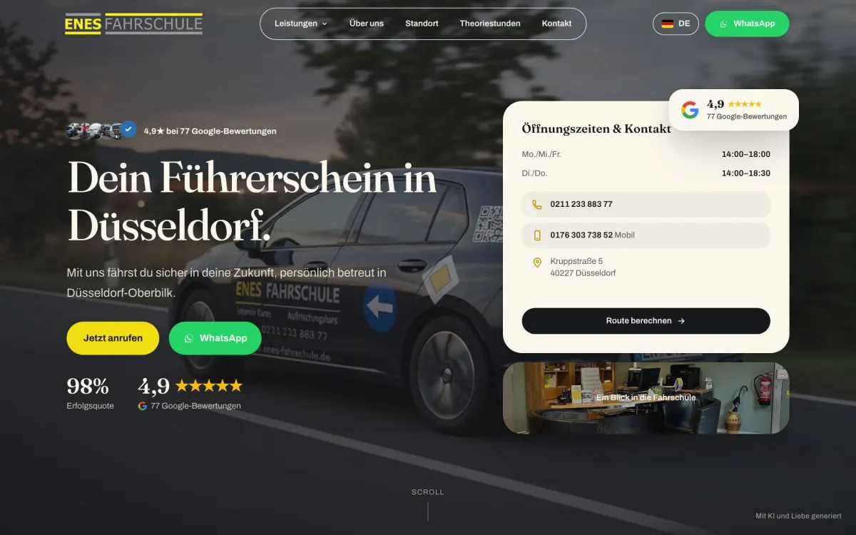 Startseite der Website von Enes Fahrschule, Fahrschule in Düsseldorf